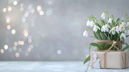 Obraz premium A bouquet of white snowdrop flowers in a white vase sits next to a wrapped gift on a rustic wooden table