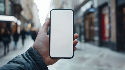 close-up shot of a smartphone with a white screen held in a person's hand, modern urban background, soft daylight