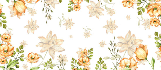 Frame Orange Flowers on a White Background. Roses. Watercolor illustration. For Wallpaper, Wrapping Paper, Postcards, Websites, Blogs, Textiles