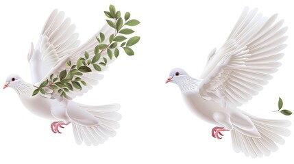 Fototapeta premium Two white doves fly with their wings spread, near green leaves, on a white background