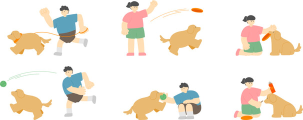 Couple Man and woman with dog jogging and playing frisbee and ball outside. lifestyle and recreation in park. flat cartoon design minimal vector illustration isolated on white background