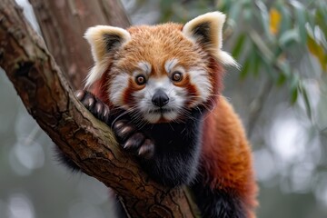 Fototapeta premium A red panda perched on a tree branch, its fluffy tail curled around its body and its curious eyes looking directly at the camera. 