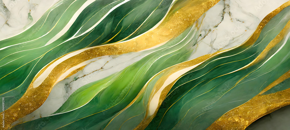 Poster digital texture featuring waves in lime green and gilded accents on a marble surface. generative ai.