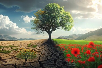 Tree growing on cracked earth with green grass and flowers on one side and dry cracked ground on the other.  Concept of climate change, drought, and hope.