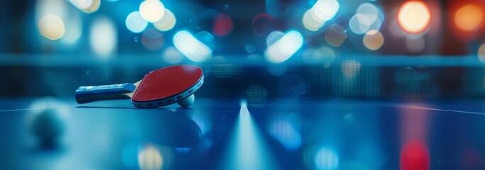 Ping pong game in action captured at eye-level, blue table tennis backdrop, dynamic motion blur on rackets and ball, high-grade studio lighting emphasizing clarity and realism