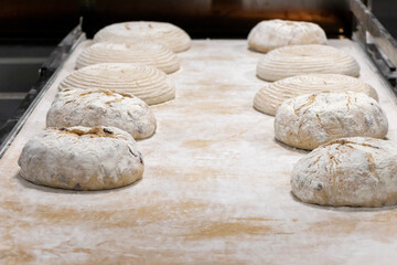 dough for baking in front of an industrial oven.  