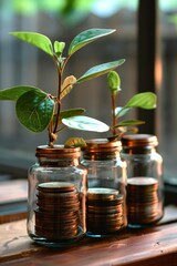 Three glass jars with coins and growing plant inside.  Concept of saving money, financial growth and investing.