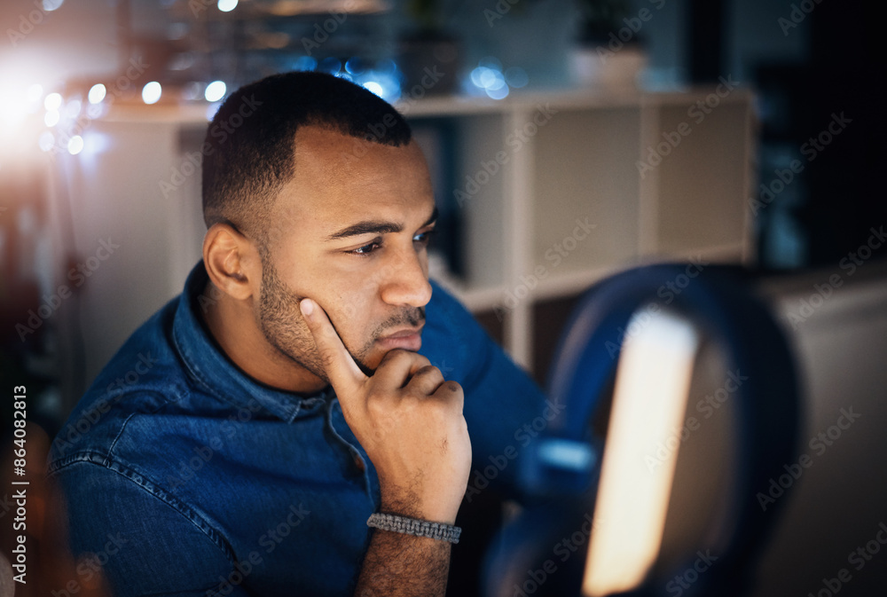 Poster businessman, thinking and night with computer for project deadline, research or business decision at