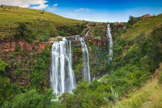 Lisbon Falls and Lisbon river gorge during sunset, Panorama Route, Mpumalanga, South Africa, shot from wild grassland