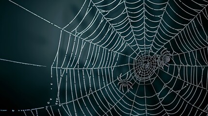 Dew-Covered Spider Web with Spider on Dark Background