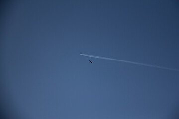 Airplane flight in the sky and the line that forms behind it (contrail)