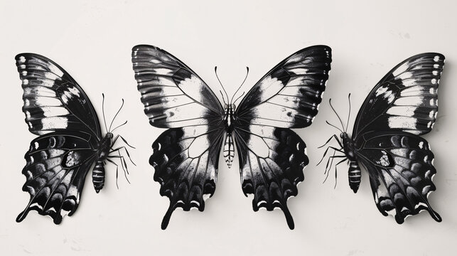 Abstract black and white butterfly graphics, isolated on a white background