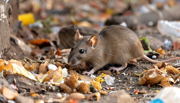 Rat in a pile of discarded food, urban waste, public health concern,