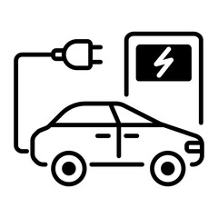 An outline icon of electric car at charging terminal 