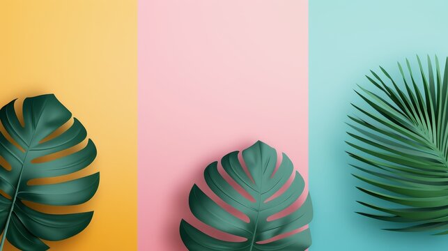 Abstract plant art set with colorful leaves in paper cut style, three striking canvases, bold and lively designs, perfect for modern home decor, adding a touch of nature to any room