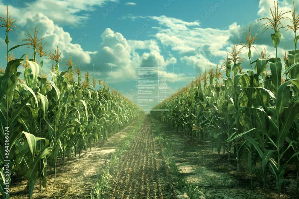 Poster smart cornfield with data projections. rows of corn plants under a bright blue sky with digital data