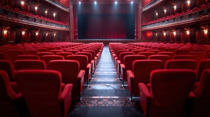 Empty red velvet seats in a grand theater auditorium, illuminated stage in the background, ready for performance or event.