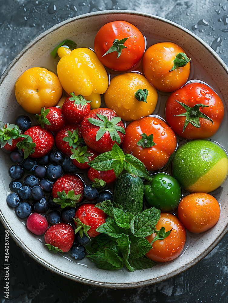 Sticker bowl of fresh fruits