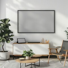 Mockup of a black frame on a living room wall panel, featuring organic materials, wood accents, and a color scheme of white and gray