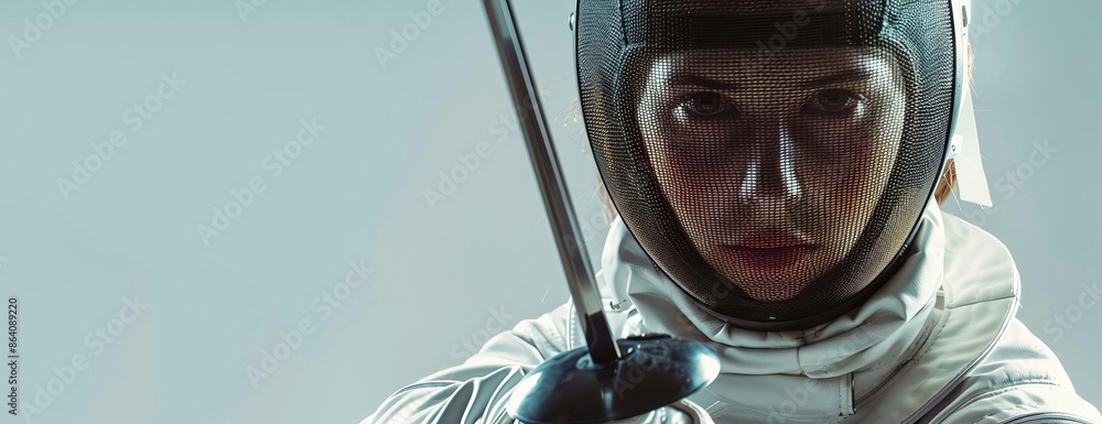 Wall mural young female fencer in a close-up shot, wearing traditional fencing gear, prominently displaying her - Wall murals