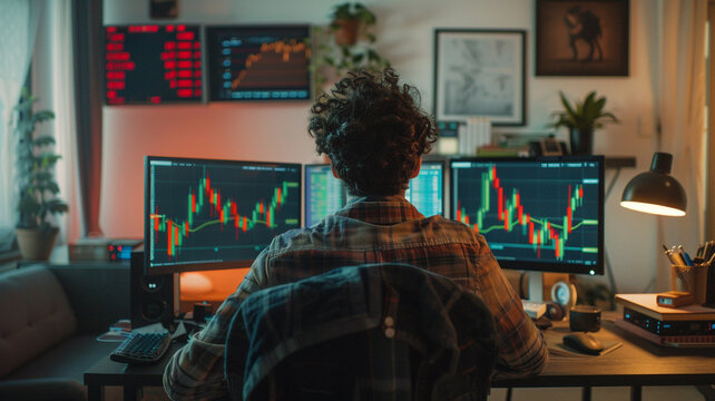 Photograph of one man in a livingroom trading cryptocurrencies. Crypto