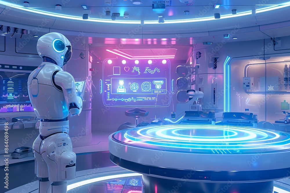 Poster futuristic robot analyzing data in a high-tech laboratory or spaceship interior, concept of artifici