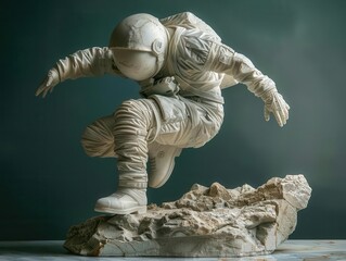 Realistic marble statue of an astronaut in a dynamic pose, capturing the spirit of exploration, Marble sculpture, Space art