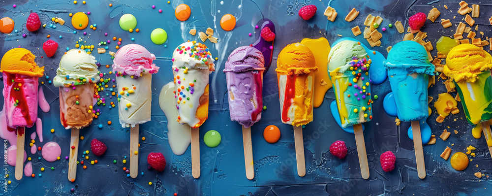Poster ice cream background showcasing a colorful ice cream bar with various toppings and sauces. the vibra