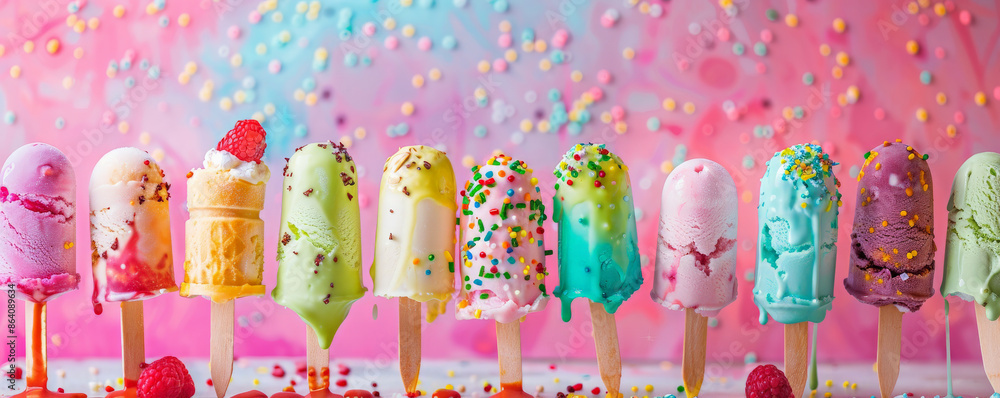 Poster ice cream background showcasing a colorful ice cream bar with various toppings and sauces. the vibra