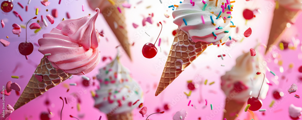 Poster ice cream background showcasing a dynamic swirl of ice cream scoops in mid-air, with sprinkles and c