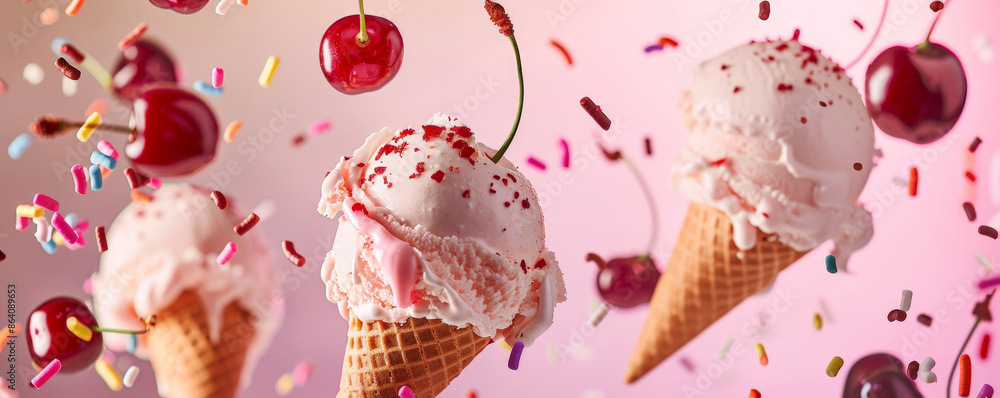 Poster ice cream background showcasing a dynamic swirl of ice cream scoops in mid-air, with sprinkles and c