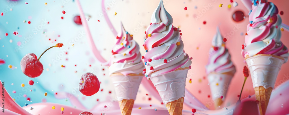 Poster ice cream background showcasing a dynamic swirl of ice cream scoops in mid-air, with sprinkles and c