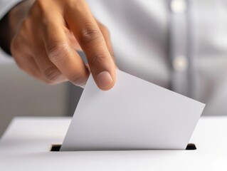 Close-up of a hand placing a vote into a ballot box during an election. Concept of voting, democracy, and civic duty.