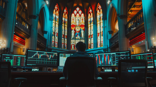 Photograph of one man in a big church trading cryptocurrencies. Crypto