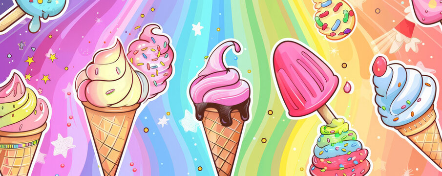 Ice cream background with a whimsical design of cartoon-style ice cream cones, sundaes, and popsicles against a colorful pastel rainbow backdrop. The playful illustrations create a fun and lively
