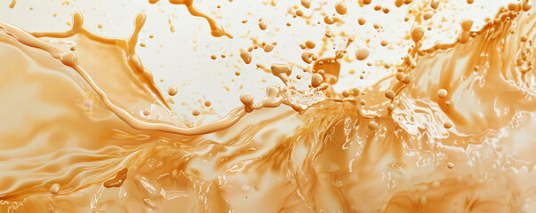 Iced coffee latte background featuring a dynamic, abstract splash of coffee and milk. The vibrant, swirling design captures the energy and excitement of enjoying a refreshing iced coffee.