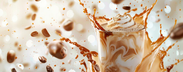 Iced coffee latte background featuring a dynamic, abstract splash of coffee and milk. The vibrant, swirling design captures the energy and excitement of enjoying a refreshing iced coffee.