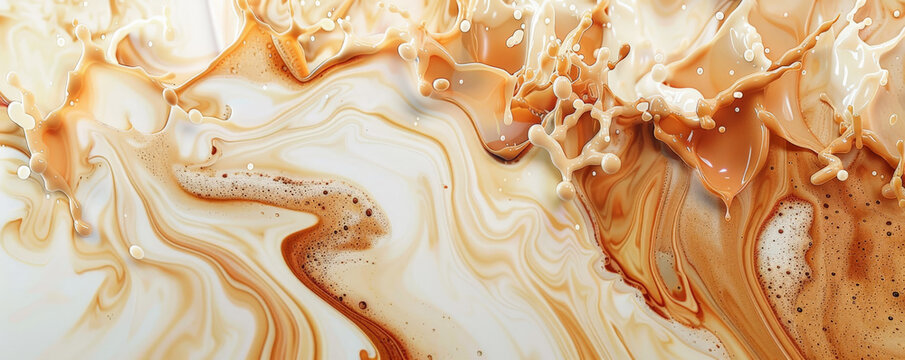 Iced coffee latte background featuring a dynamic, abstract splash of coffee and milk. The vibrant, swirling design captures the energy and excitement of enjoying a refreshing iced coffee.
