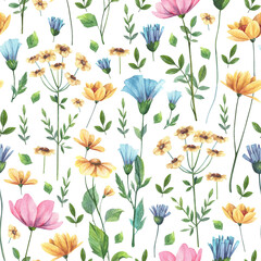 Square seamless pattern with watercolor wild flowers and green herbs. Hand painted aquarelle floral background design for wallpapers, wrapping paper and textile