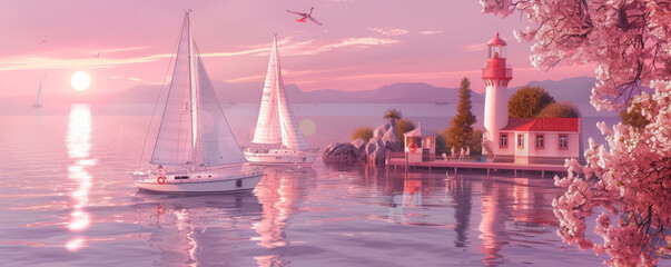 Summer vacation concept on a pink background showcasing a picturesque harbor. Sailboats, a lighthouse, and calm waters are all framed by soft pink hues, evoking peace and beauty.