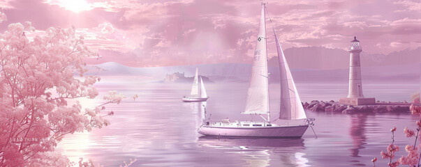 Summer vacation concept on a pink background showcasing a picturesque harbor. Sailboats, a lighthouse, and calm waters are all framed by soft pink hues, evoking peace and beauty.