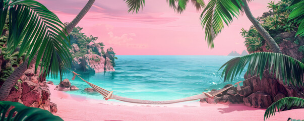 Fototapeta premium Summer vacation concept on a pink background showcasing a tropical island escape. A secluded beach, crystal-clear waters, and a hammock swaying between palm trees are framed by vibrant pinks.