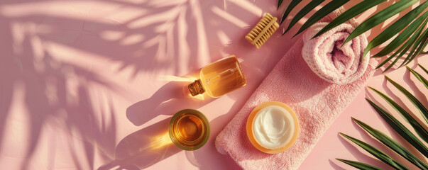 Summer vacation concept on a pink background showing a relaxing spa day. A setup with a towel, essential oils, and a face mask invites relaxation. The pink hues create a calm, soothing atmosphere