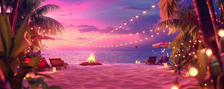 Summer vacation concept on a pink background with a festive beach party. String lights, a bonfire, music, and friends enjoying the evening, all framed by bright pink hues, capture the joy and
