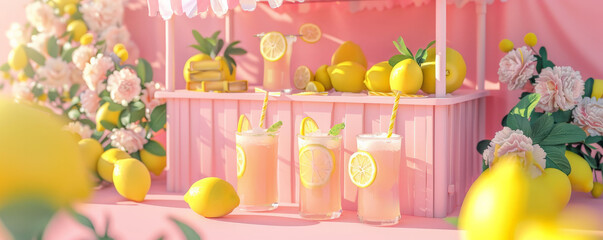 Summer vacation concept on a pink background with a refreshing lemonade stand. A cheerful stand with glasses of lemonade, fresh lemons, and a sunny, inviting atmosphere are highlighted by bright pink