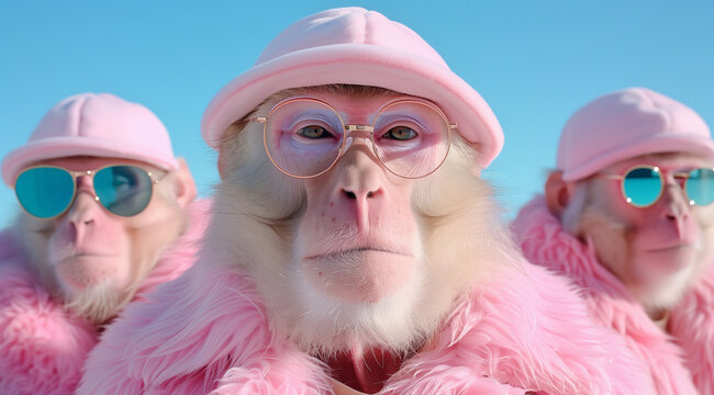 Surreal scene of monkeys dressed in pink outfits and sunglasses. The whimsical and imaginative elements create a captivating and humorous aesthetic. Fantasy concept.