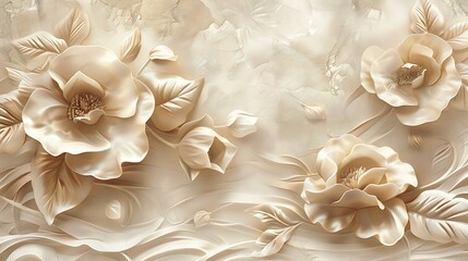 Beautiful three panel wall design, realistic hand drawn floral artwork decoration background