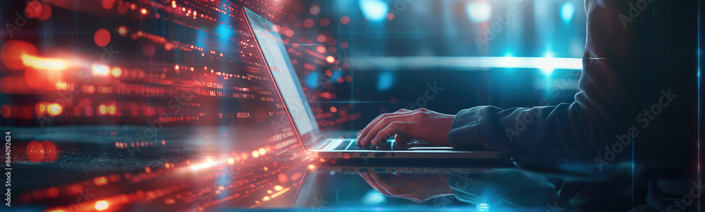 Poster person typing on laptop with futuristic digital interface and data stream in background.