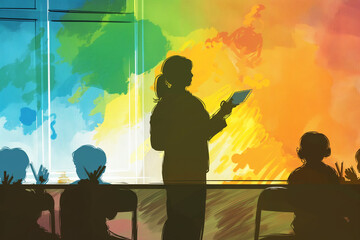 3D Illustration of a Female Teacher with Students