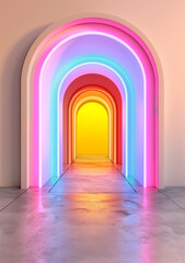 Fototapeta premium Colorful neon arches in a modern hallway creating a vibrant and surreal atmosphere. Contemporary design with bold and playful elements.